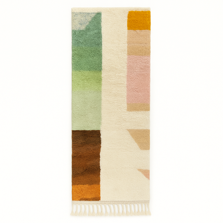 Handmade colorful Moroccan wool runner rug with geometric color-block design in green, pink, and orange tones