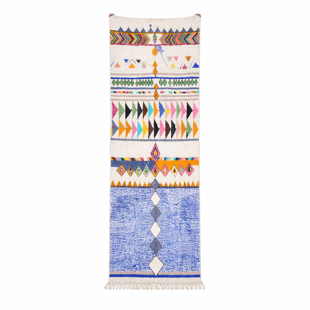 Colorful Moroccan runner rug with geometric Berber patterns in natural wool