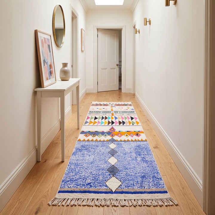 Colorful Moroccan runner rug with geometric Berber patterns in natural wool