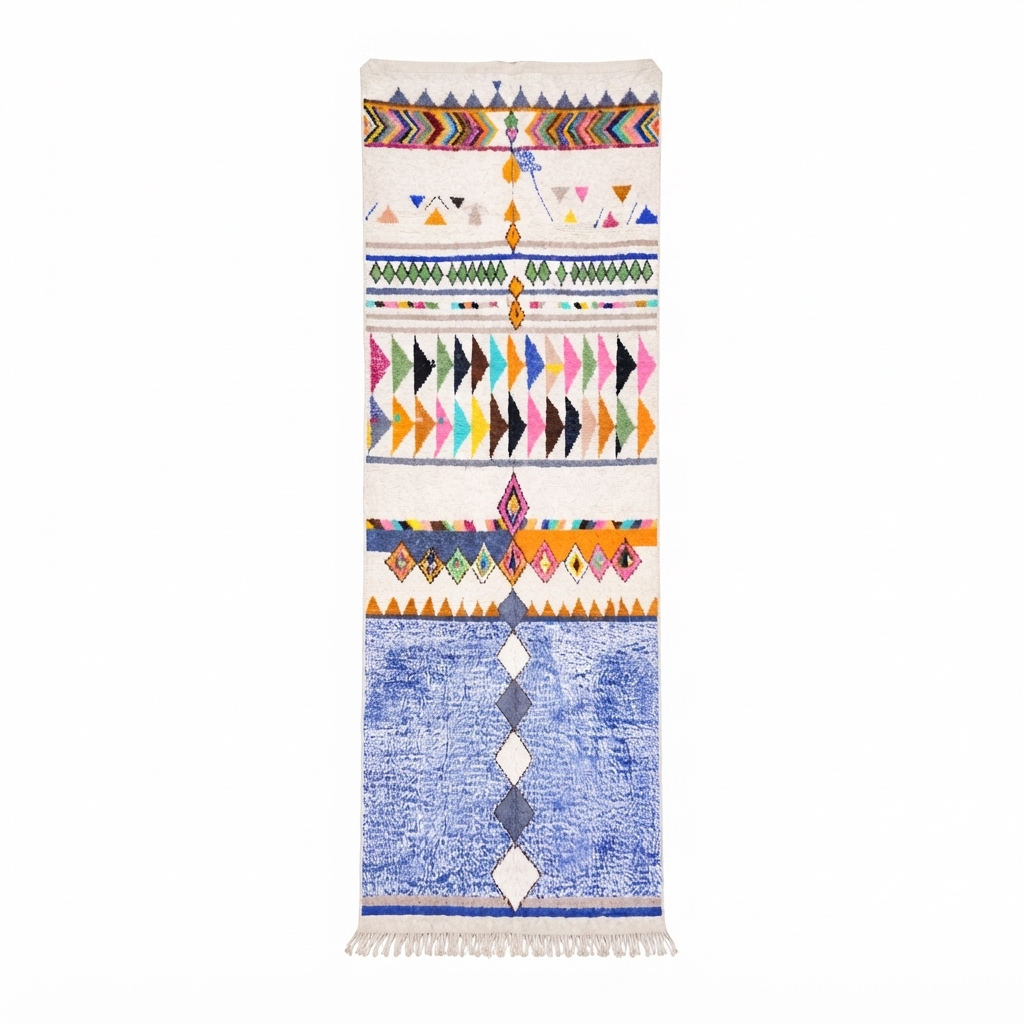 Colorful Moroccan runner rug with geometric Berber patterns in natural wool