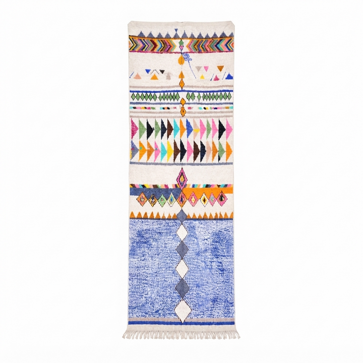 Colorful Moroccan runner rug with geometric Berber patterns in natural wool