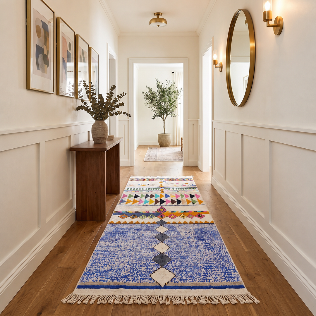 Colorful Moroccan runner rug with geometric Berber patterns in natural wool