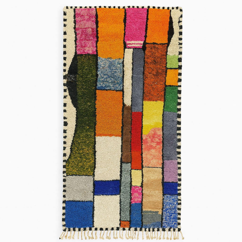 Colorful handmade Moroccan runner rug with abstract wool design, vibrant textured blocks and black border, shag Berber carpet