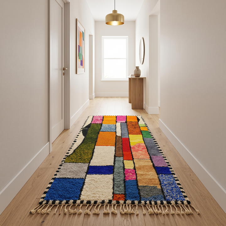 Colorful handmade Moroccan runner rug with abstract wool design, vibrant textured blocks and black border, shag Berber carpet