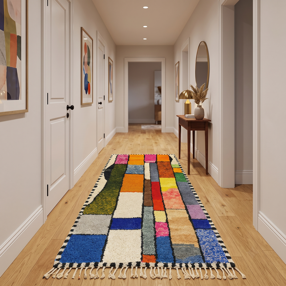 Colorful handmade Moroccan runner rug with abstract wool design, vibrant textured blocks and black border, shag Berber carpet