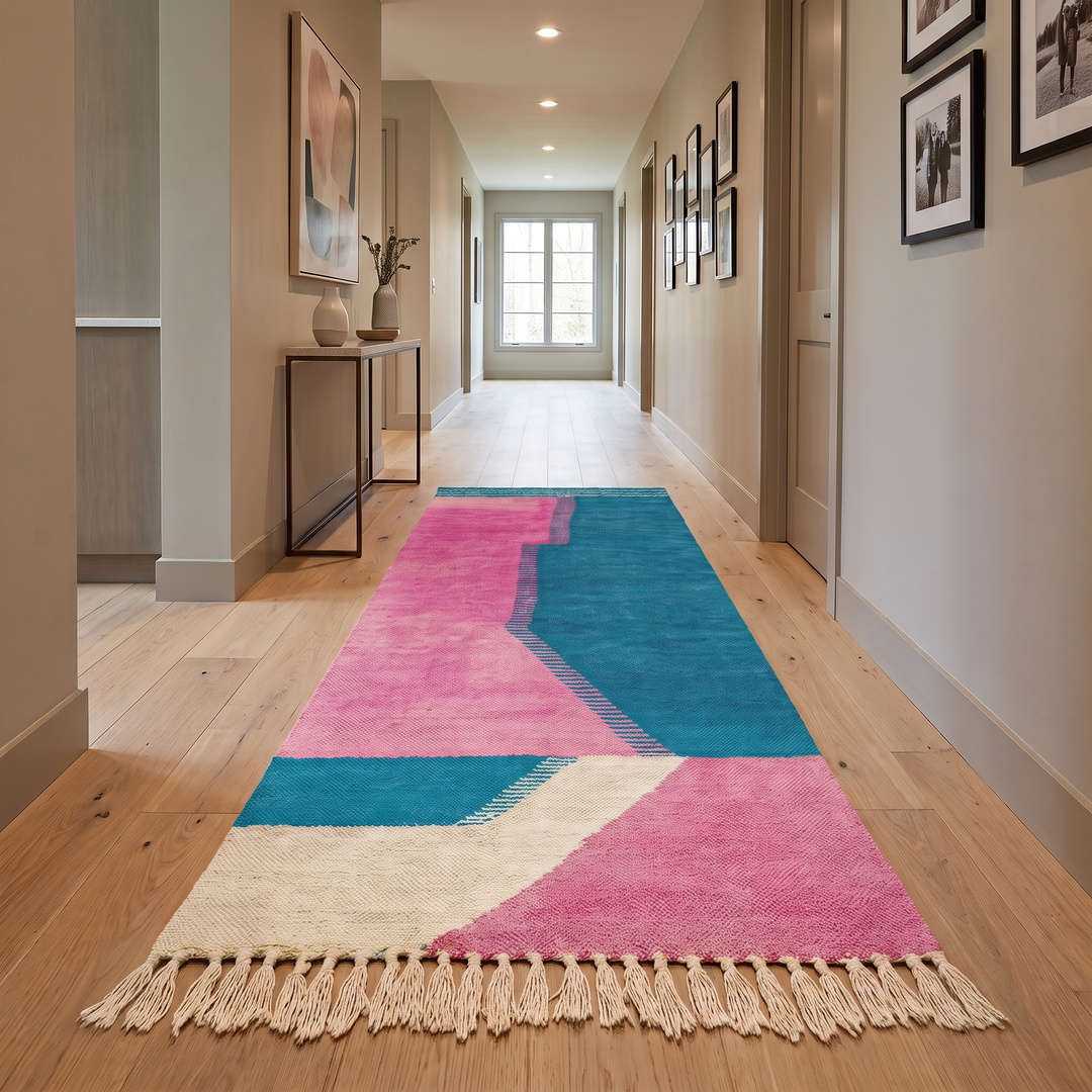 Handmade Moroccan runner rug with pink and blue geometric design, white accents and flatwoven kilim texture