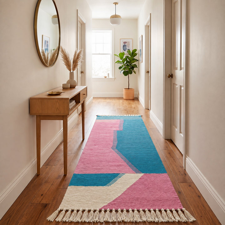 Handmade Moroccan runner rug with pink and blue geometric design, white accents and flatwoven kilim texture