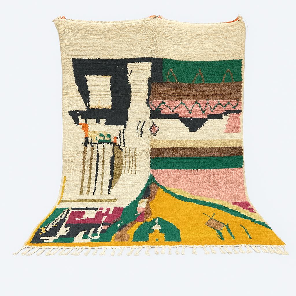 Handwoven colorful Moroccan wool rug with abstract geometric design in pink, yellow, green, and black tones