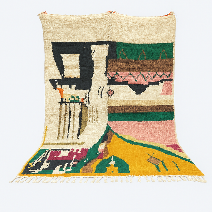 Handwoven colorful Moroccan wool rug with abstract geometric design in pink, yellow, green, and black tones