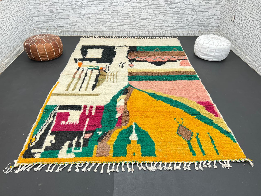 Handwoven colorful Moroccan wool rug with abstract geometric design in pink, yellow, green, and black tones