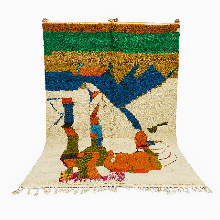 Colorful Moroccan wool rug with abstract desert and mountain design, handmade by Berber artisans