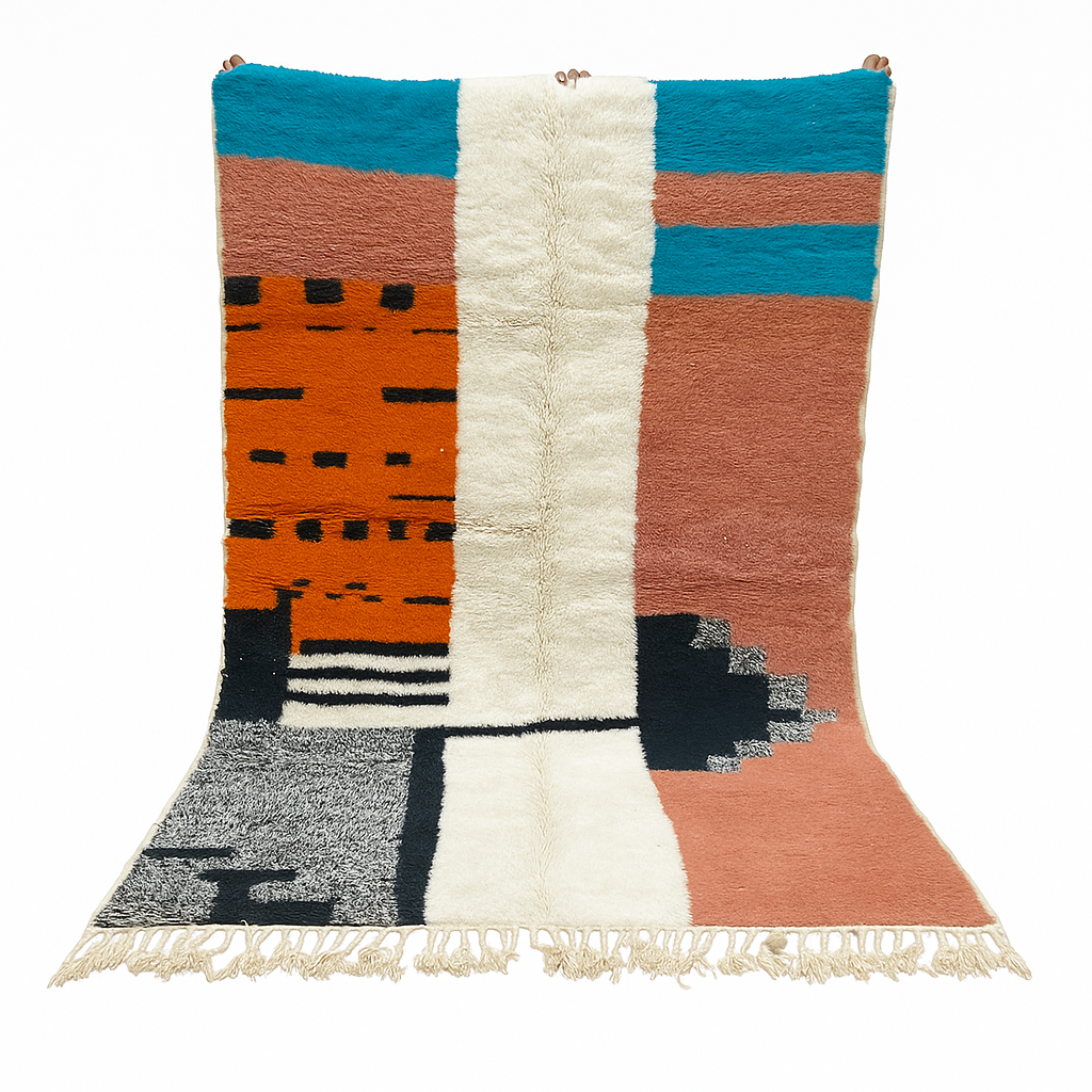 Colorful Moroccan wool rug with terracotta, turquoise blue, ivory, orange, and gray geometric color blocks