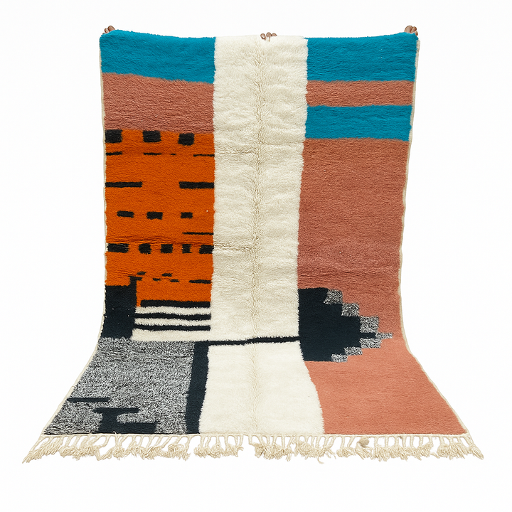 Colorful Moroccan wool rug with terracotta, turquoise blue, ivory, orange, and gray geometric color blocks
