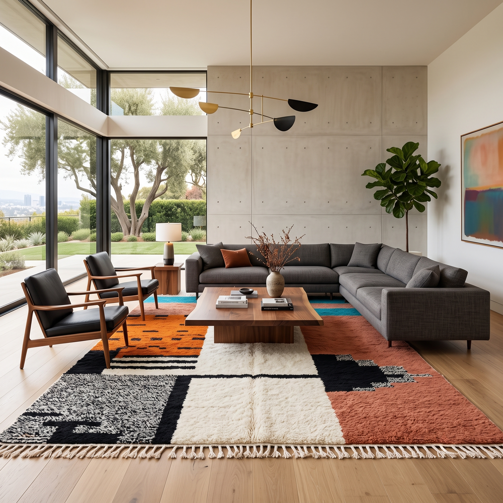Colorful Moroccan wool rug with terracotta, turquoise blue, ivory, orange, and gray geometric color blocks