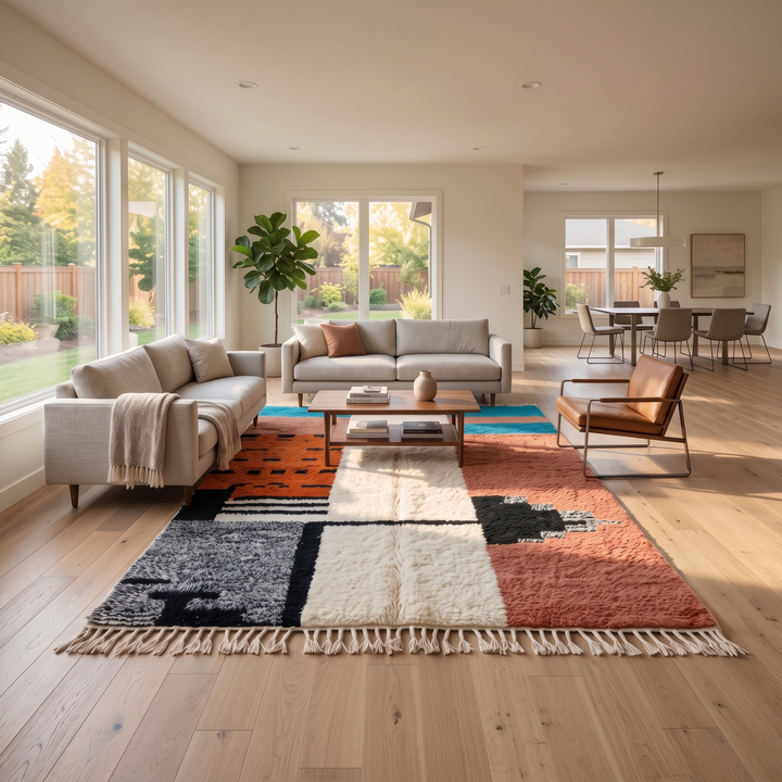 Colorful Moroccan wool rug with terracotta, turquoise blue, ivory, orange, and gray geometric color blocks