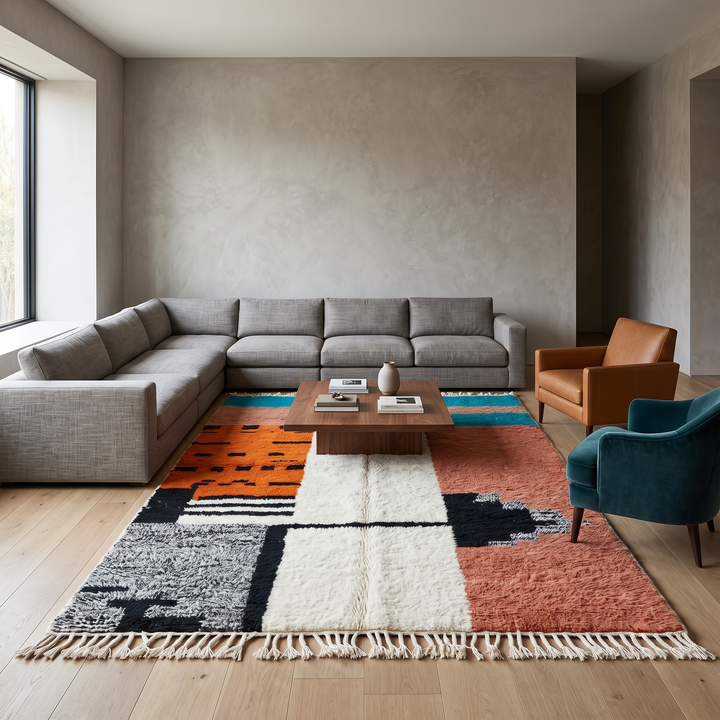 Colorful Moroccan wool rug with terracotta, turquoise blue, ivory, orange, and gray geometric color blocks