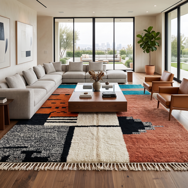 Colorful Moroccan wool rug with terracotta, turquoise blue, ivory, orange, and gray geometric color blocks