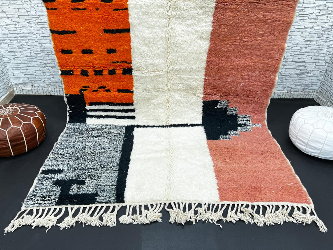 Colorful Moroccan wool rug with terracotta, turquoise blue, ivory, orange, and gray geometric color blocks