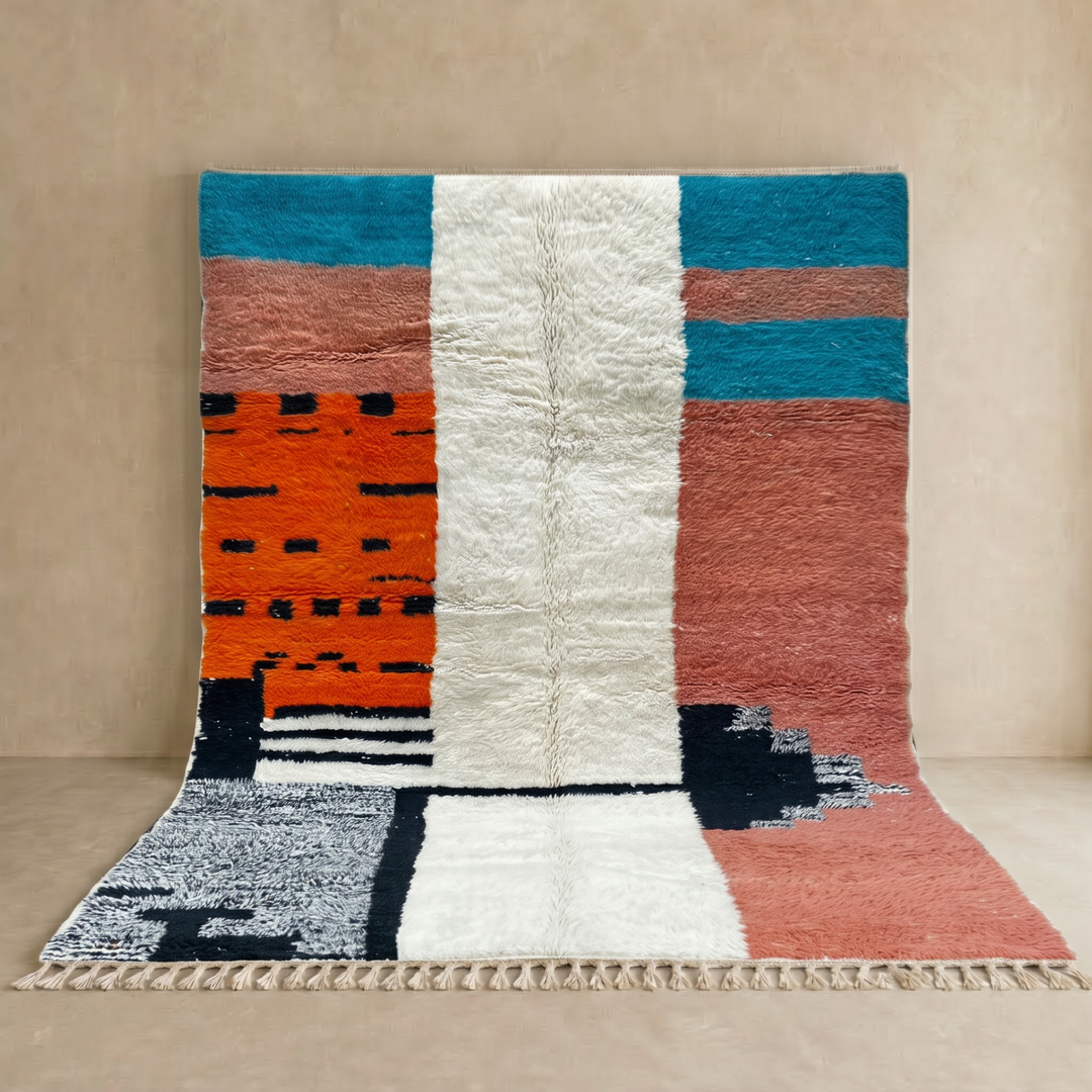 Colorful Moroccan wool rug with terracotta, turquoise blue, ivory, orange, and gray geometric color blocks