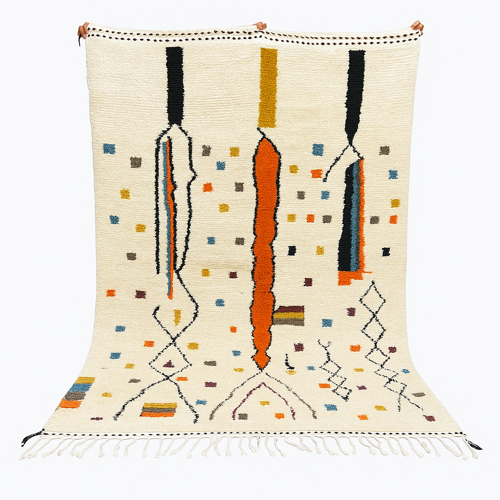 Handwoven Moroccan wool rug with multicolor geometric motifs on an ivory background, colorful Berber rug