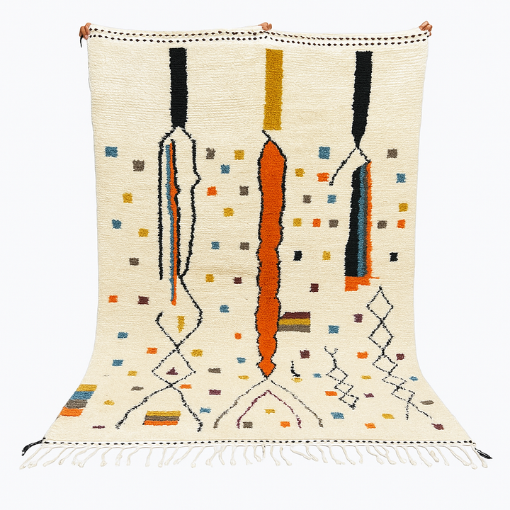 Handwoven Moroccan wool rug with multicolor geometric motifs on an ivory background, colorful Berber rug