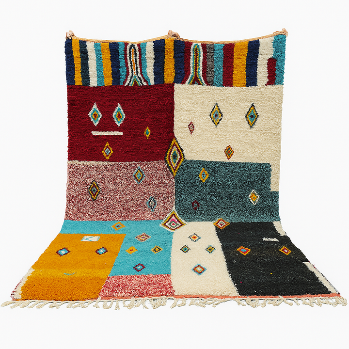 Colorful Moroccan wool rug with geometric patchwork and Berber motifs in red, turquoise, yellow, and black