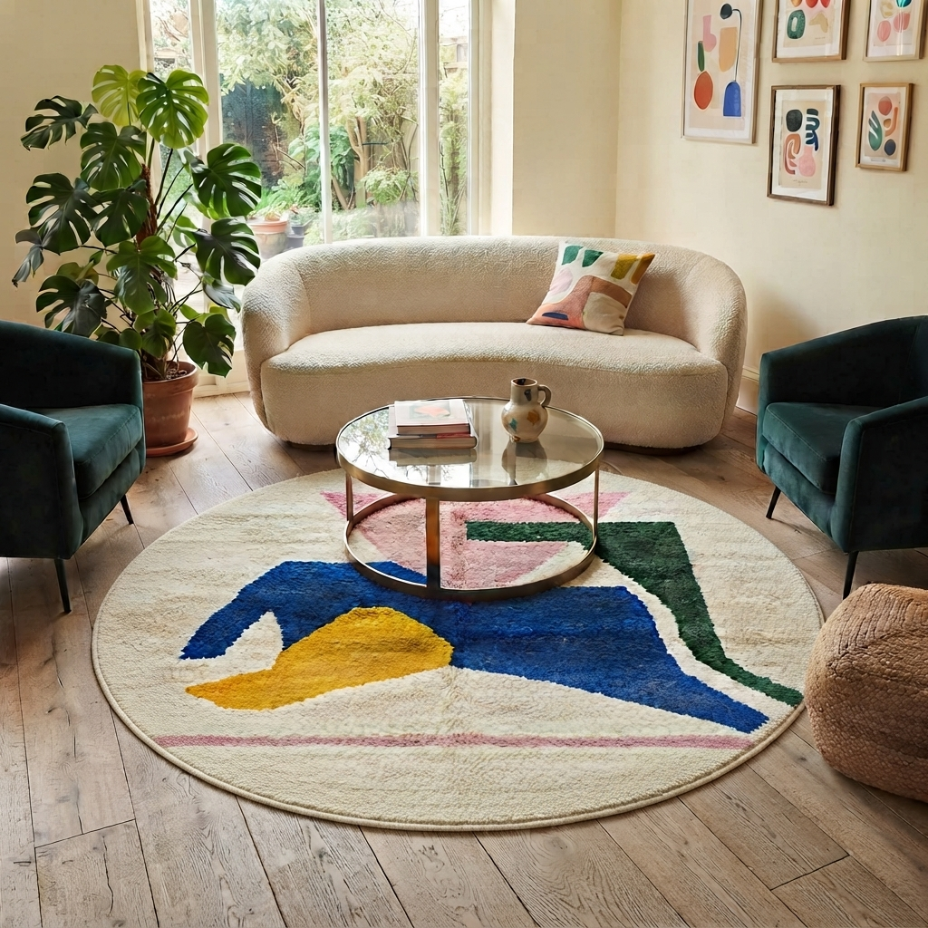Round colorful Moroccan wool rug with abstract geometric shapes in pink, green, blue, and yellow.