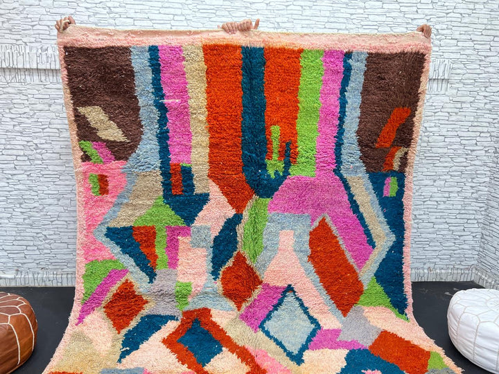 Colorful Moroccan wool rug with abstract geometric design in vibrant shades