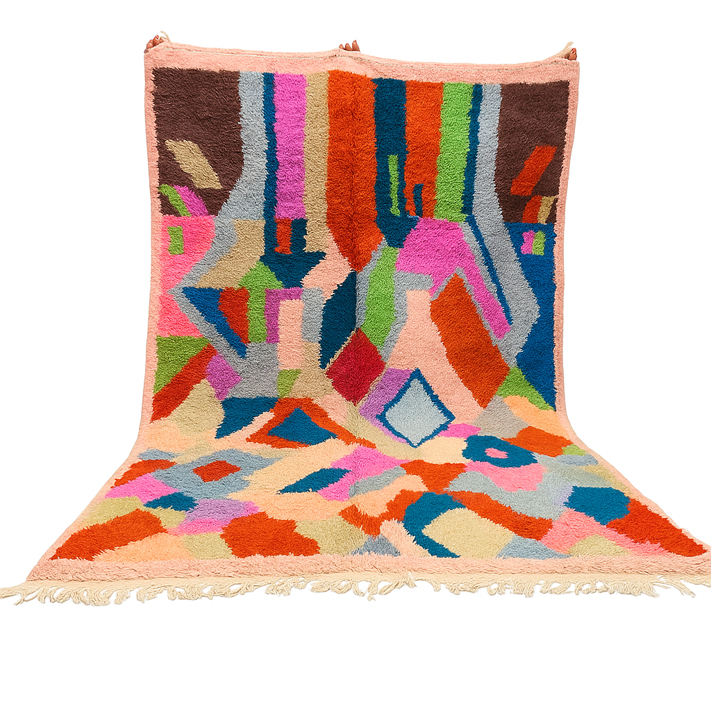 Colorful Moroccan wool rug with abstract geometric design in vibrant shades