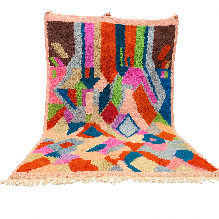 Colorful Moroccan wool rug with abstract geometric design in vibrant shades
