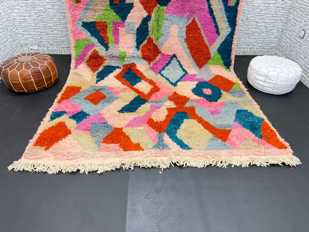 Colorful Moroccan wool rug with abstract geometric design in vibrant shades