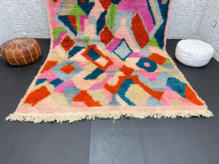 Colorful Moroccan wool rug with abstract geometric design in vibrant shades
