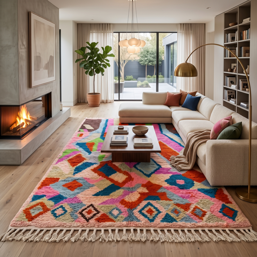 Colorful Moroccan wool rug with abstract geometric design in vibrant shades