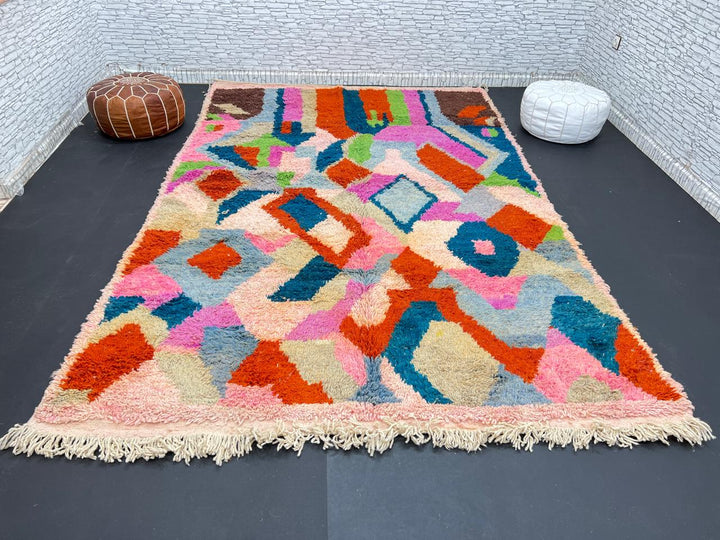 Colorful Moroccan wool rug with abstract geometric design in vibrant shades