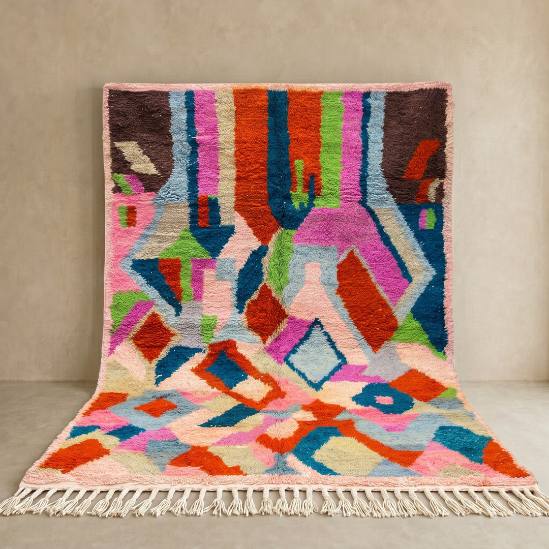 Colorful Moroccan wool rug with abstract geometric design in vibrant shades