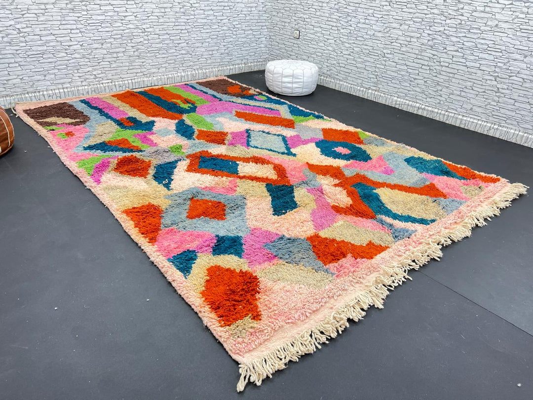 Colorful Moroccan wool rug with abstract geometric design in vibrant shades