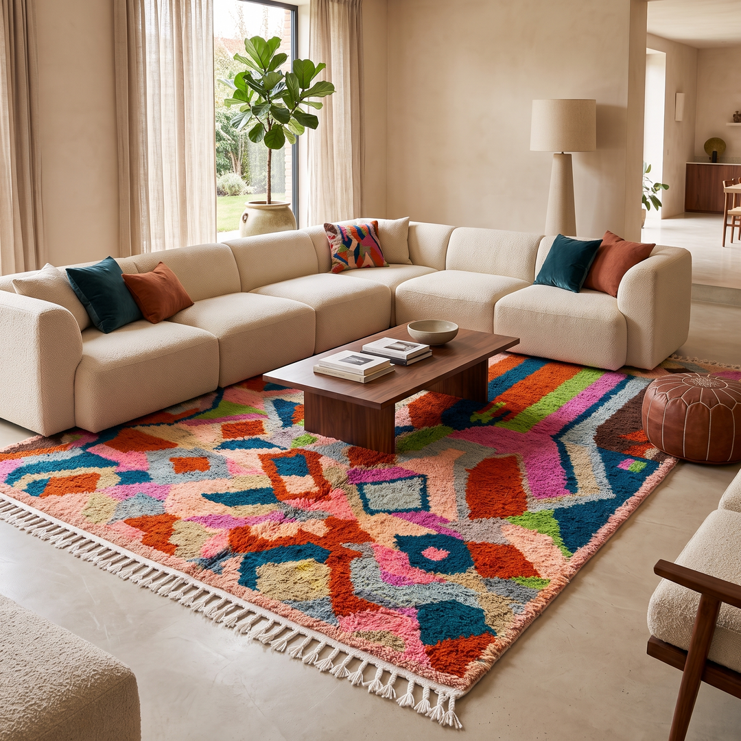 Colorful Moroccan wool rug with abstract geometric design in vibrant shades