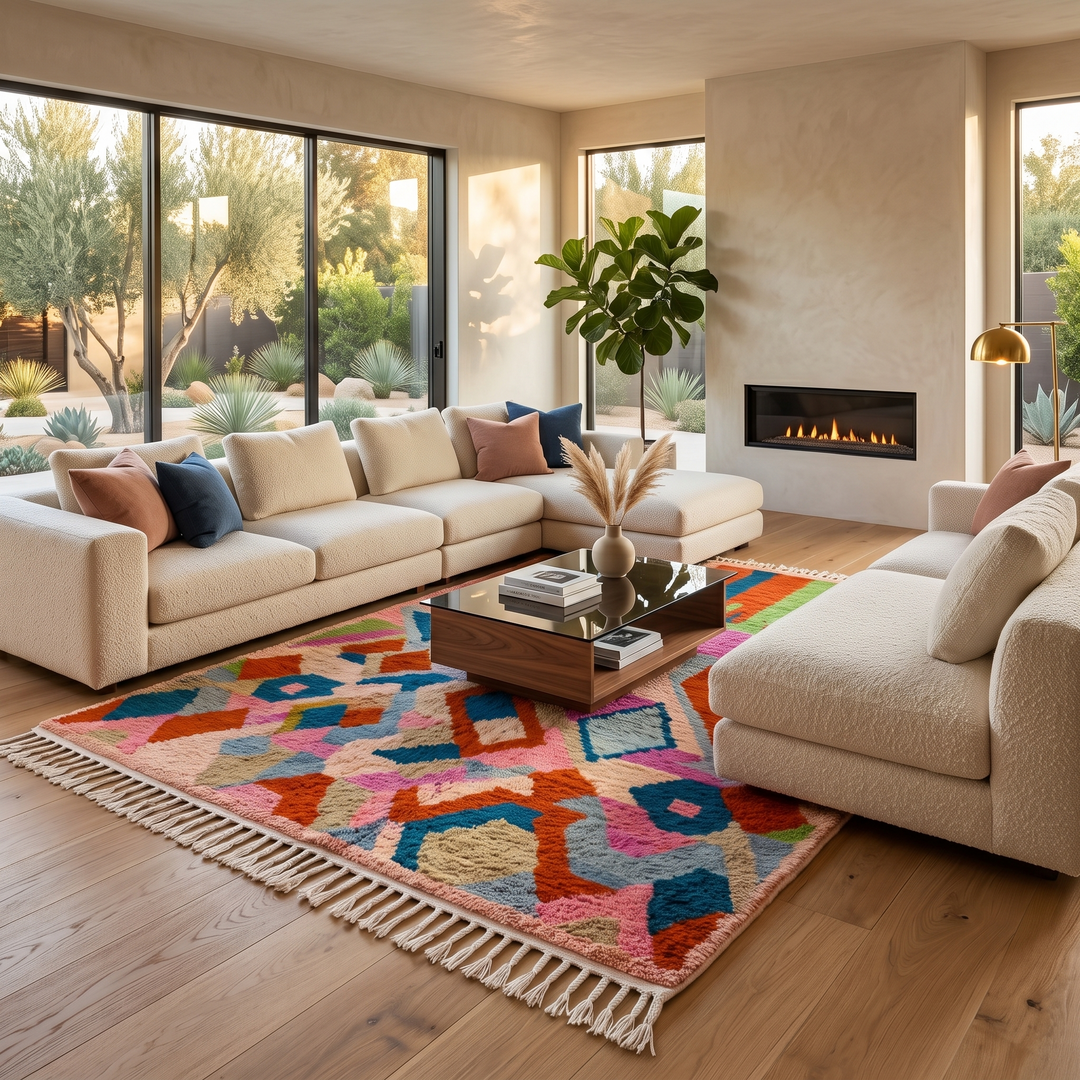 Colorful Moroccan wool rug with abstract geometric design in vibrant shades