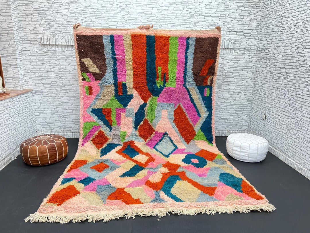 Colorful Moroccan wool rug with abstract geometric design in vibrant shades