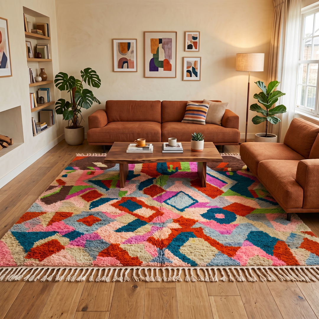 Colorful Moroccan wool rug with abstract geometric design in vibrant shades