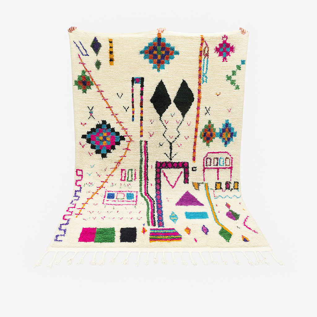 Handwoven colorful Moroccan wool rug with geometric Berber motifs on ivory background