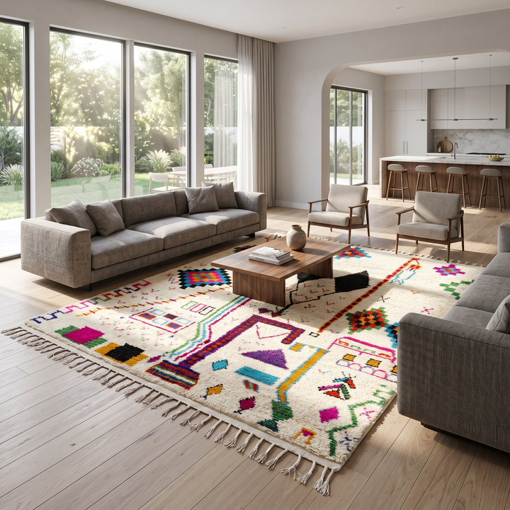 Handwoven colorful Moroccan wool rug with geometric Berber motifs on ivory background

