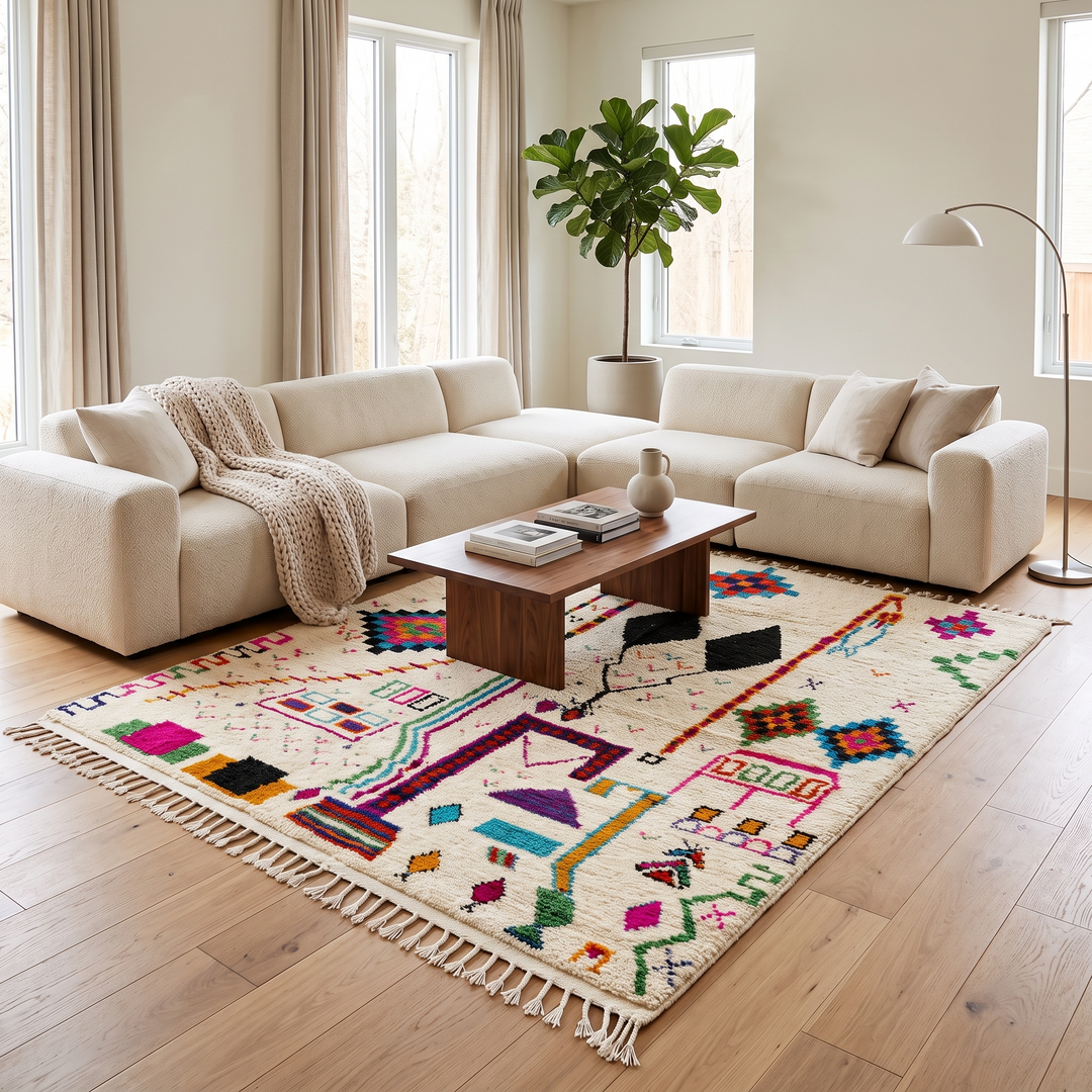 Handwoven colorful Moroccan wool rug with geometric Berber motifs on ivory background

