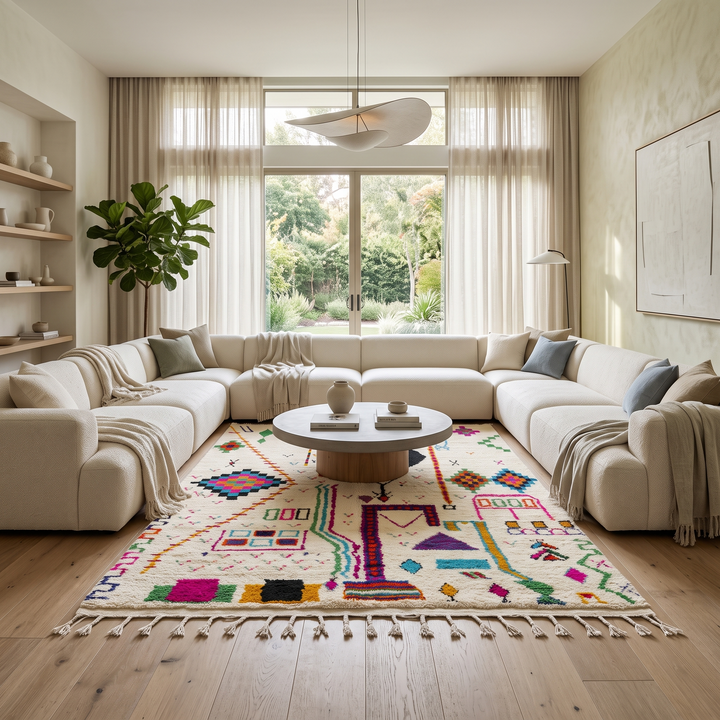 Handwoven colorful Moroccan wool rug with geometric Berber motifs on ivory background
