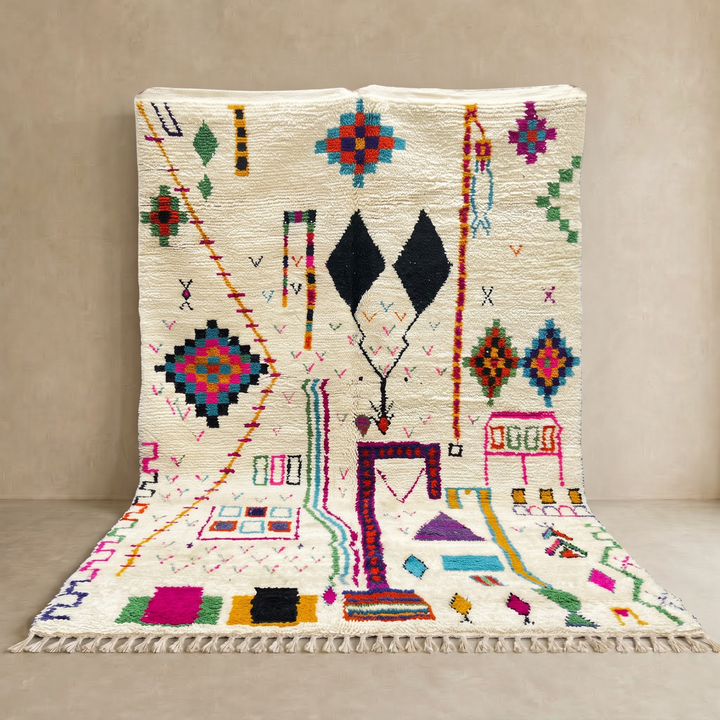 Handwoven colorful Moroccan wool rug with geometric Berber motifs on ivory background
