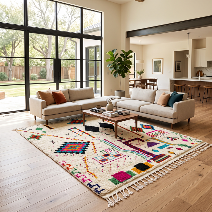 Handwoven colorful Moroccan wool rug with geometric Berber motifs on ivory background
