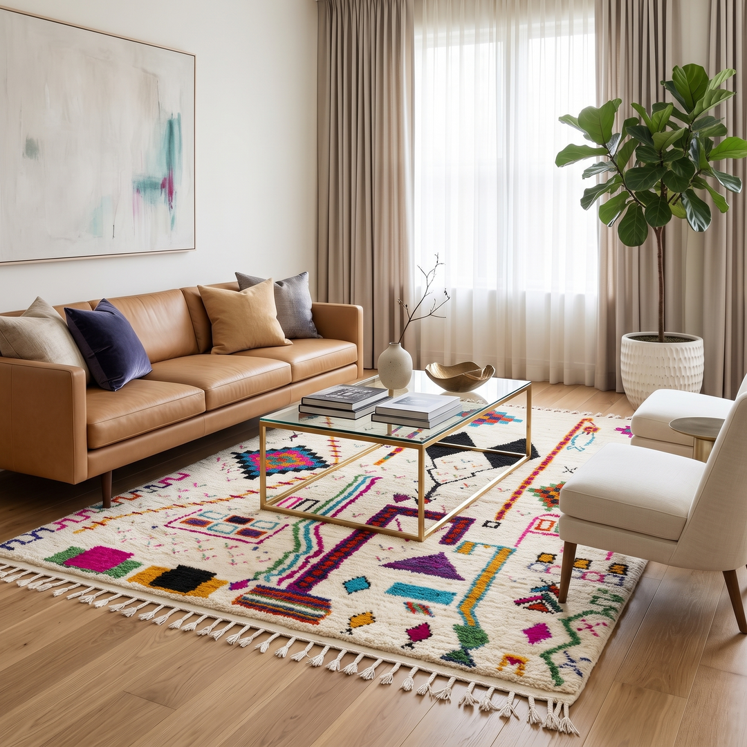 Handwoven colorful Moroccan wool rug with geometric Berber motifs on ivory background
