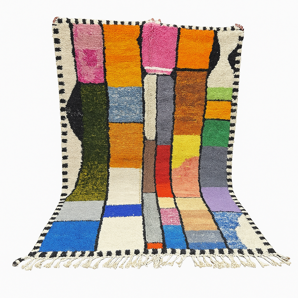 Handwoven colorful Moroccan wool rug with geometric patchwork design – multicolor Berber carpet handmade in Morocco