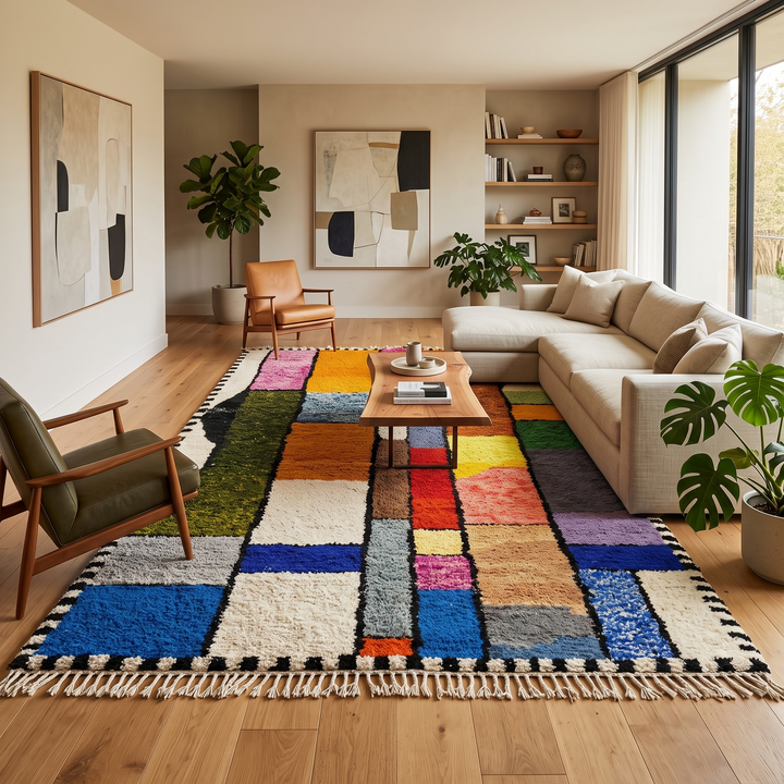 Colorful handmade Moroccan wool rug with a geometric patchwork design.