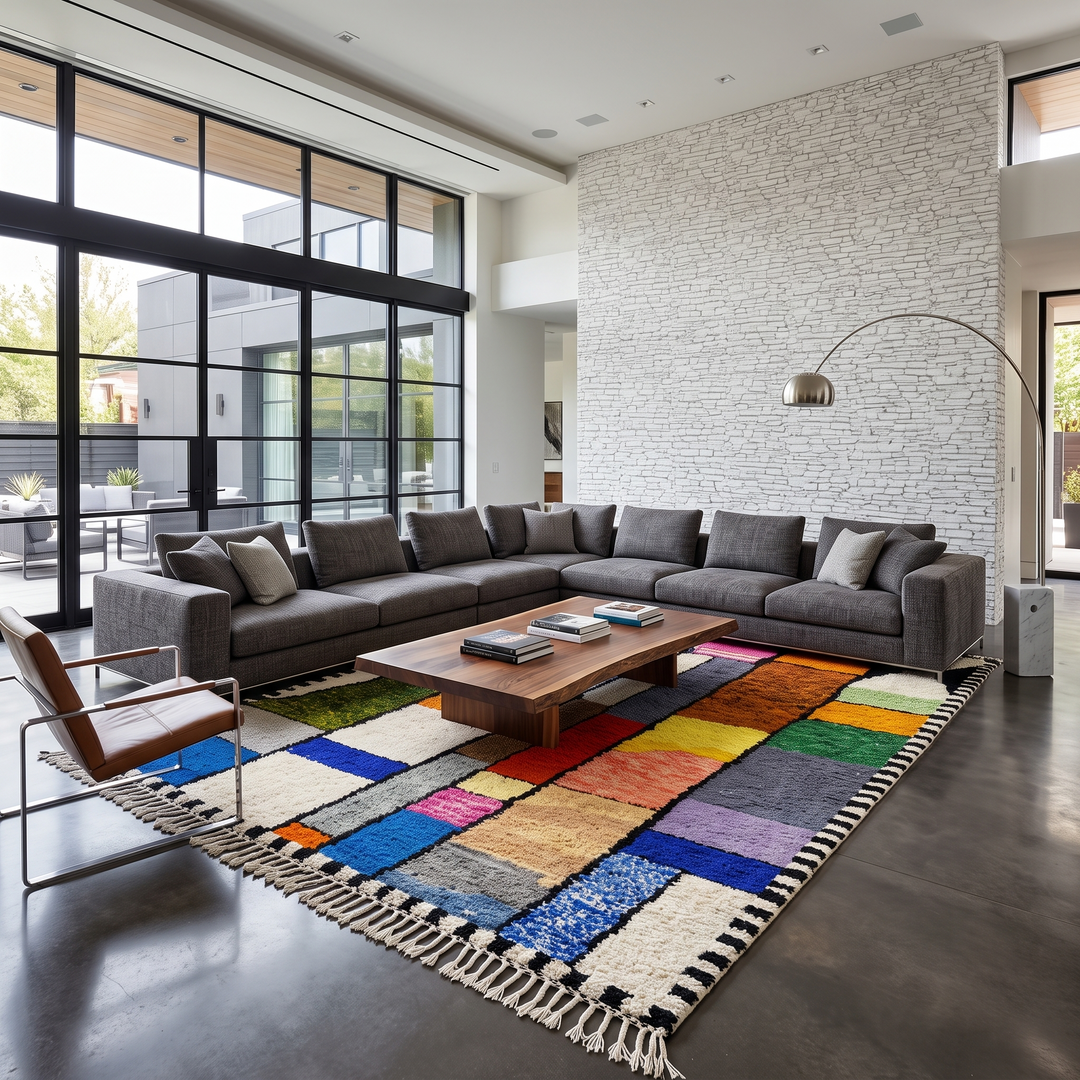Colorful handmade Moroccan wool rug with a geometric patchwork design.